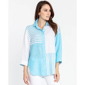 HINSON WU SHIRT HALSEY 3/4 SLEEVE SHIRT LUXE LINEN AQUA / WHITE 1610625 SIZE S